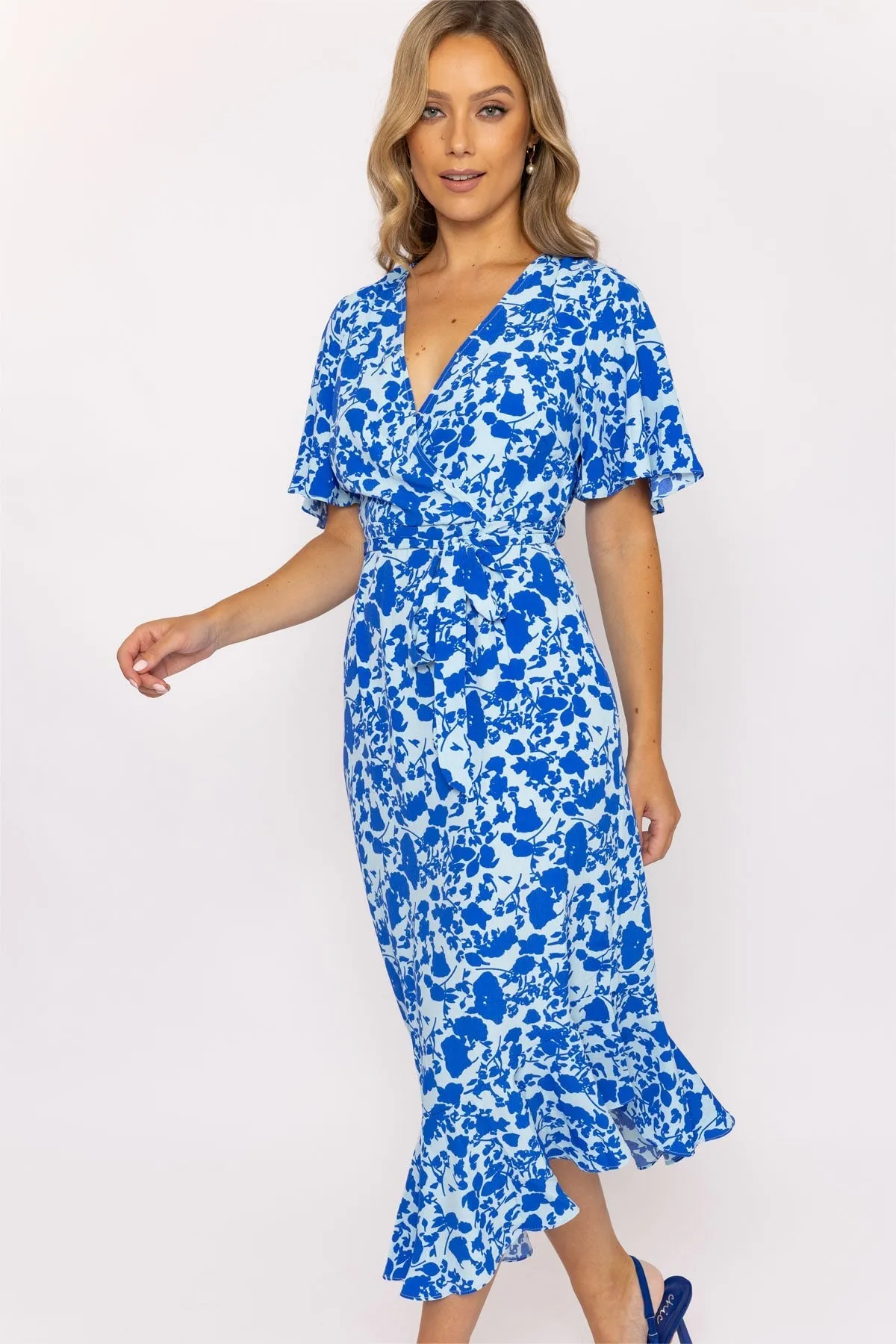 Blue Ruffle Wrap Midi Dress