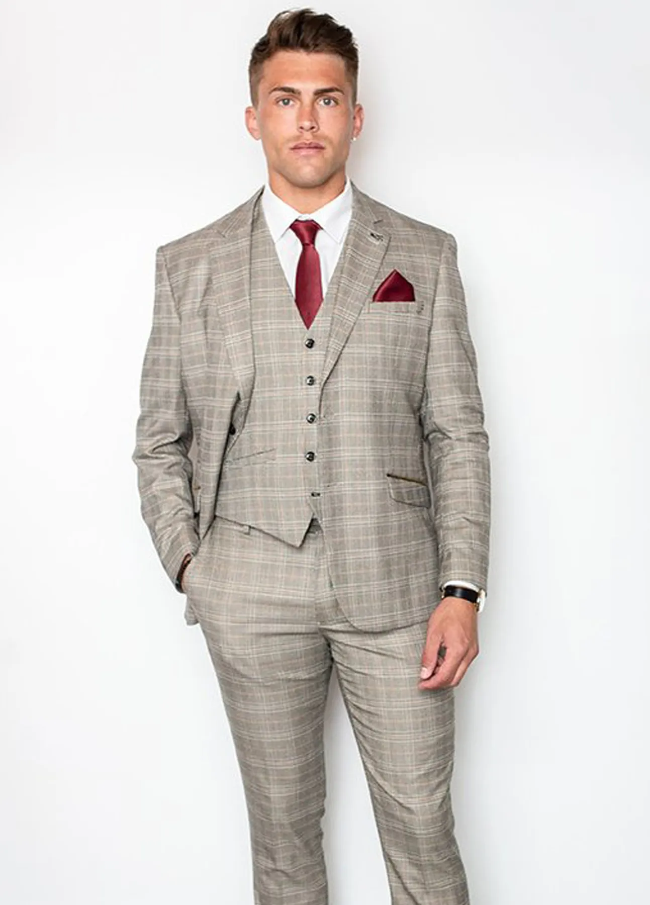 Cavani Quincy Check 3 Piece Stone Suit Slim Fit Sale