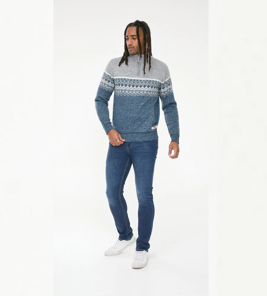 D555 Tall Mens Fairisle Knitted Jumper With 1/4 Zip and Lining (RUDDINGTON)