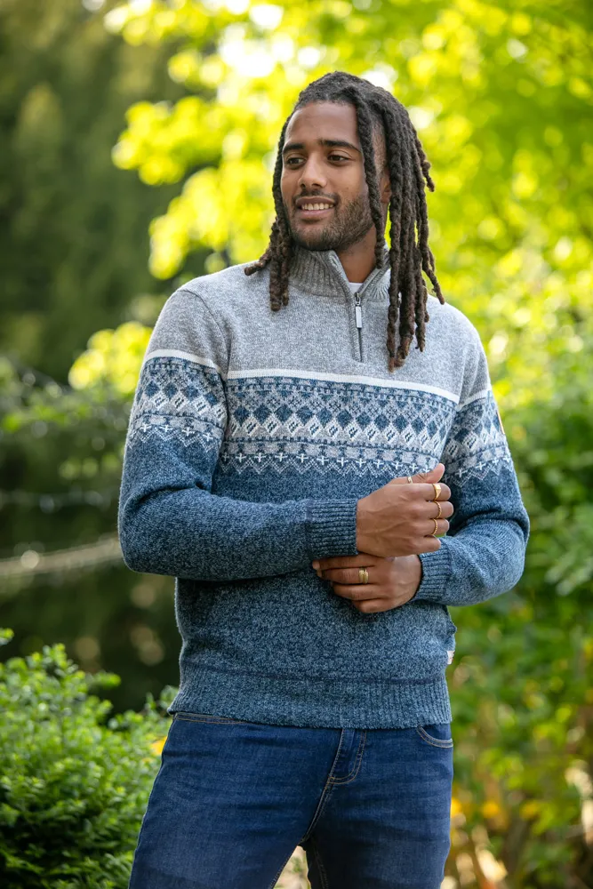 D555 Tall Mens Fairisle Knitted Jumper With 1/4 Zip and Lining (RUDDINGTON)