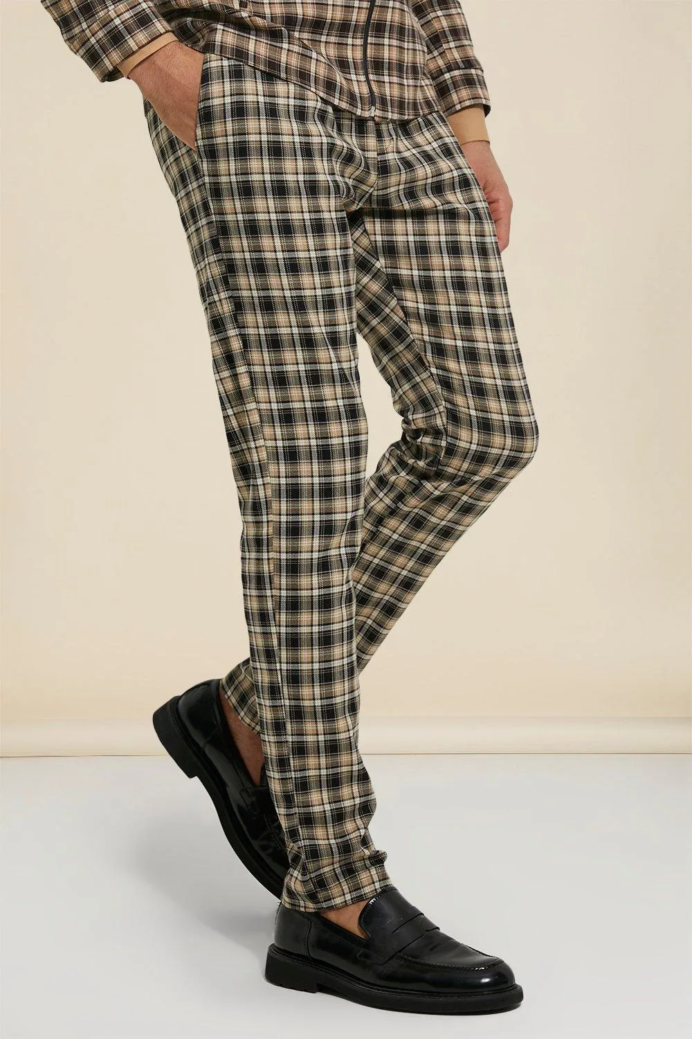 Elasticated Skinny Check Trouser | boohooMAN UK