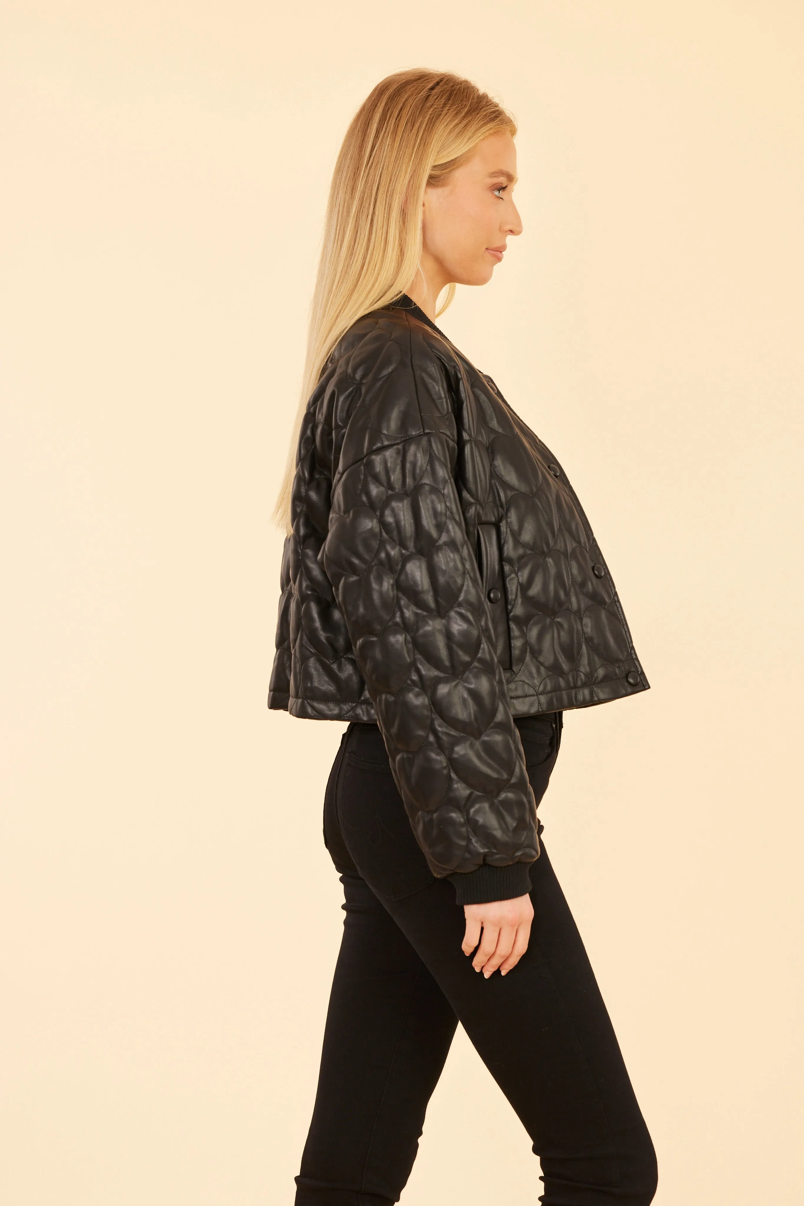 Faux Leather Heart Quilted Jacket