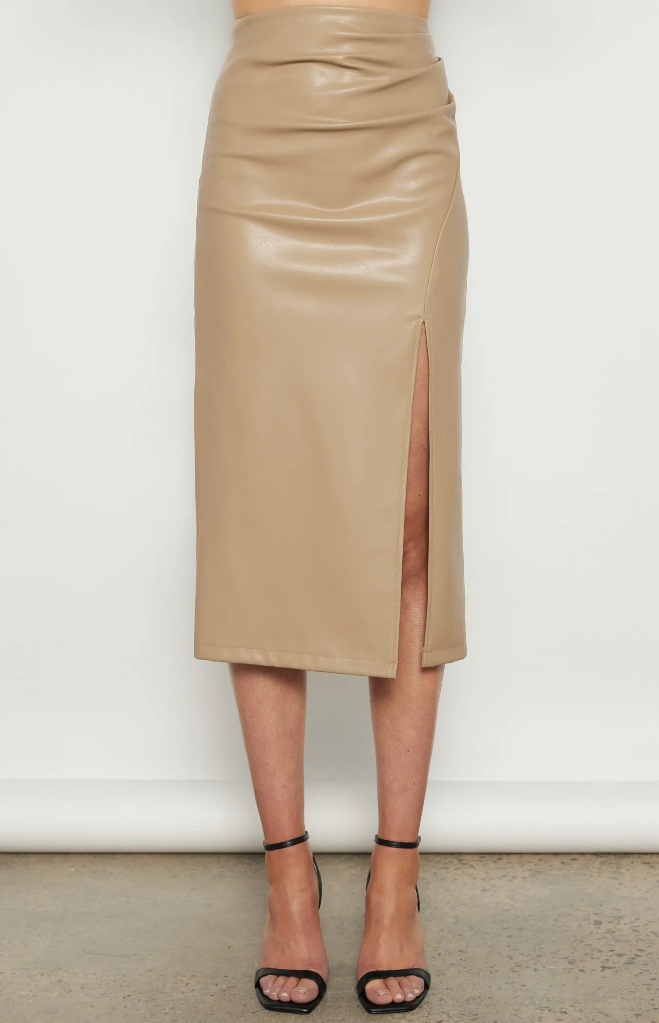 Faux Leather Skirt with Side Pleated Detail and Split Detail (WSK247B)