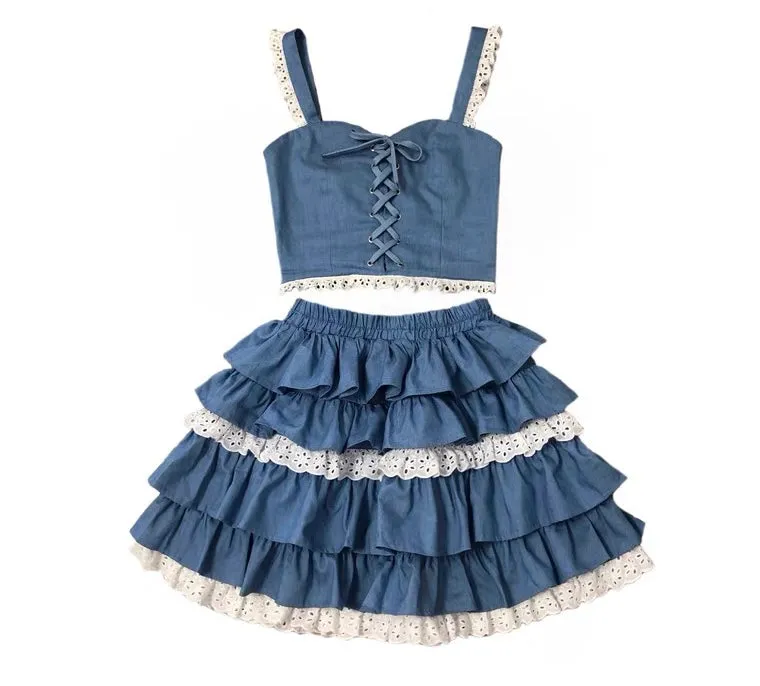 Girly Denim Jeans daily outfit / Lolita dress 2 styles available