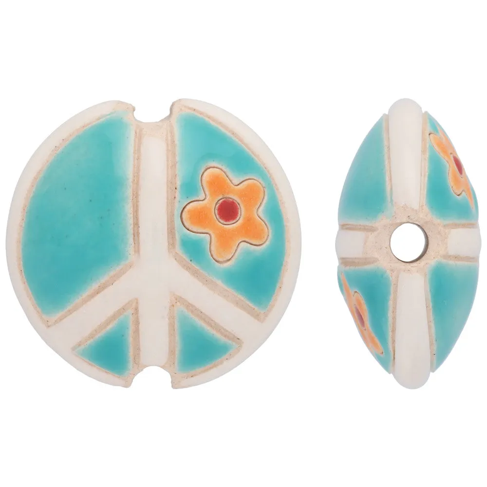 Golem Design Studio Ceramic Beads, 23mm Glazed Lentil Peace Sign With Flower, Teal/White (2 Pieces)