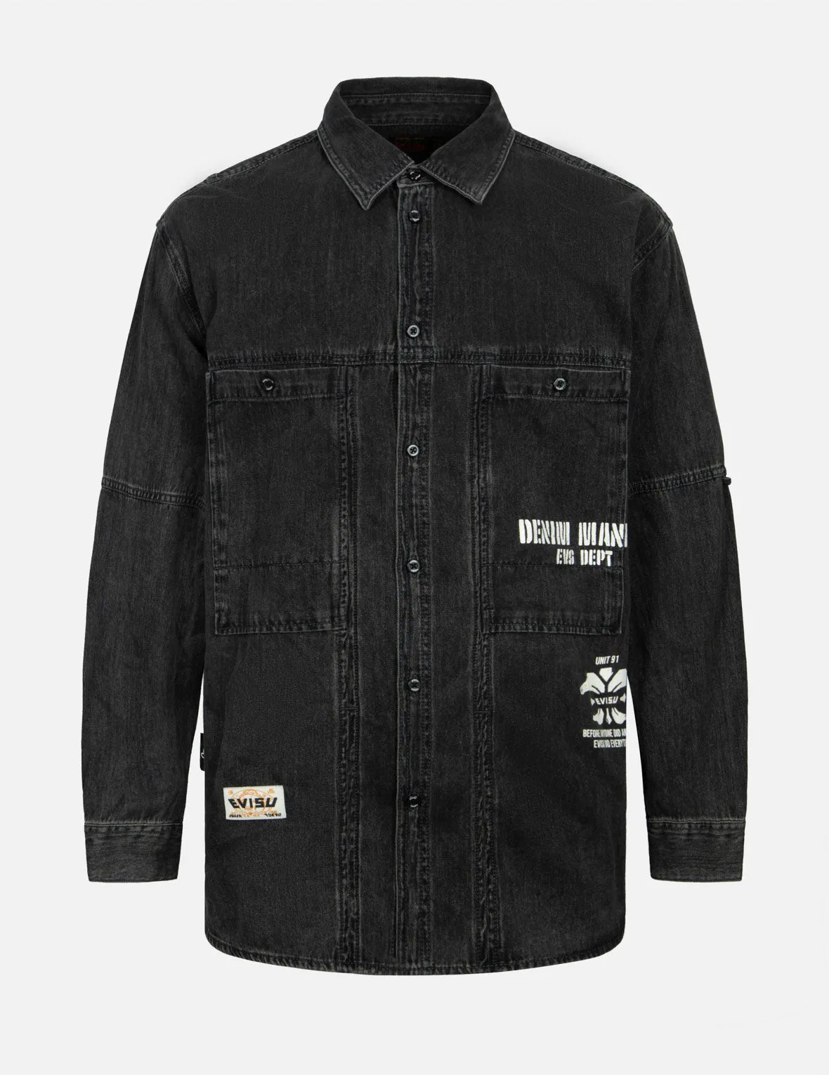 Kamon Print and Logo Embroidery Loose Fit Denim Shirt