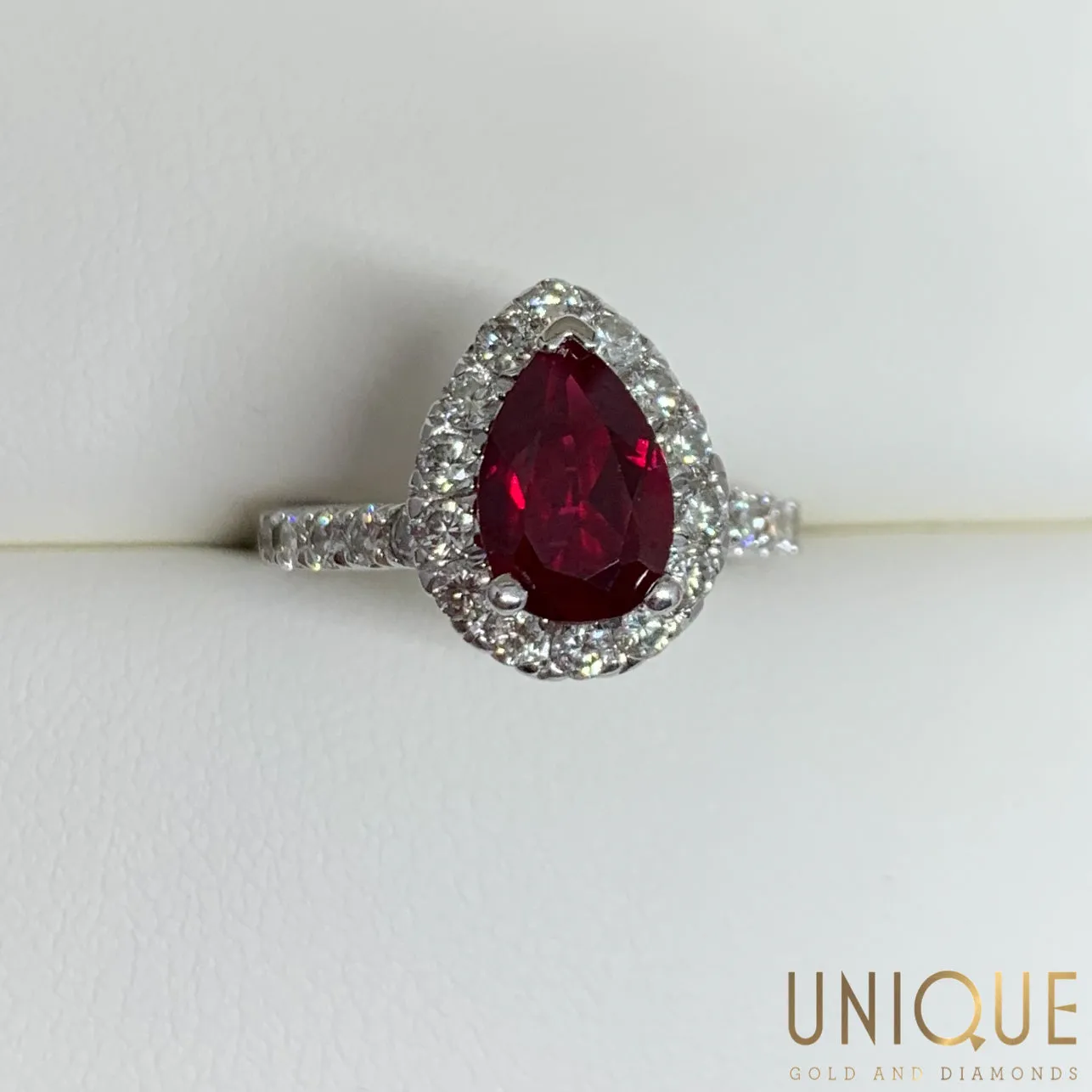 Lady's Synthetic Ruby & Diamond Halo Ring Set In 14 Kt. White Gold Mounting