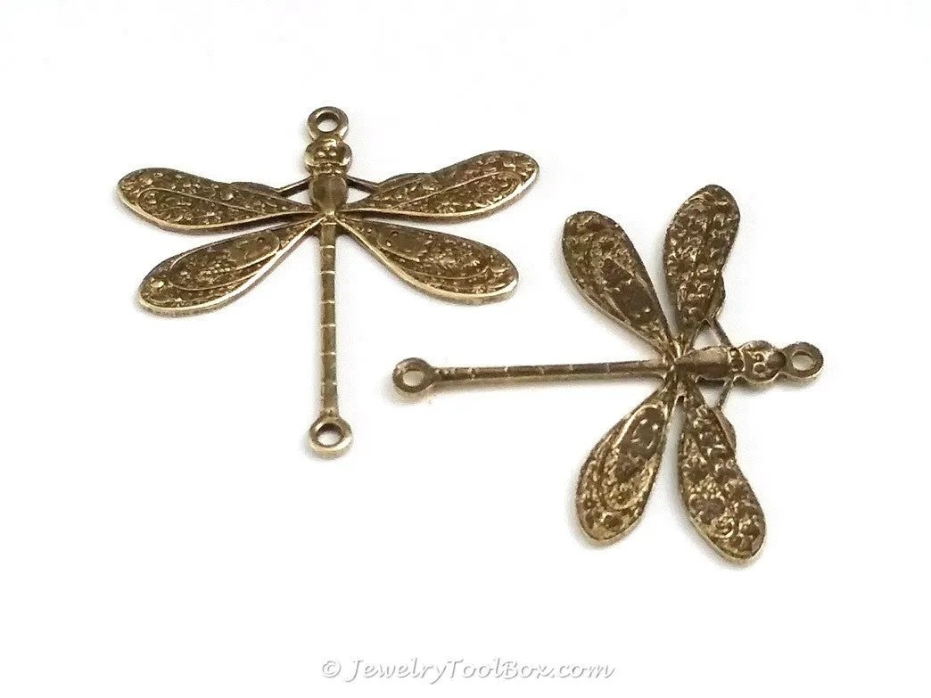 Large Antique Brass Dragonfly Connector Charm, 2 Loops, Lot Size 10, #05B