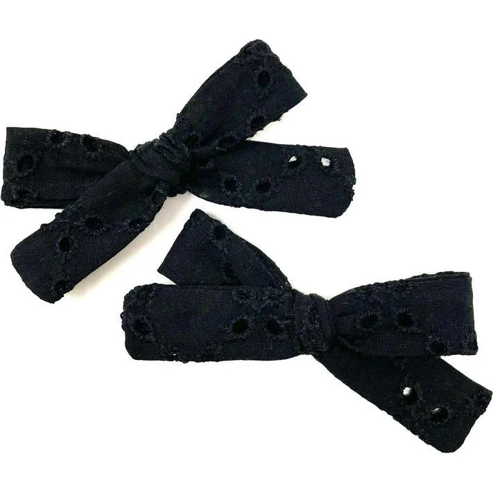 LuluLuvs Skinny Ribbon Pigtail Bows, Black Eyelet