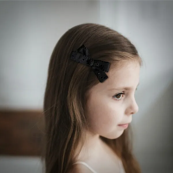 LuluLuvs Skinny Ribbon Pigtail Bows, Black Eyelet