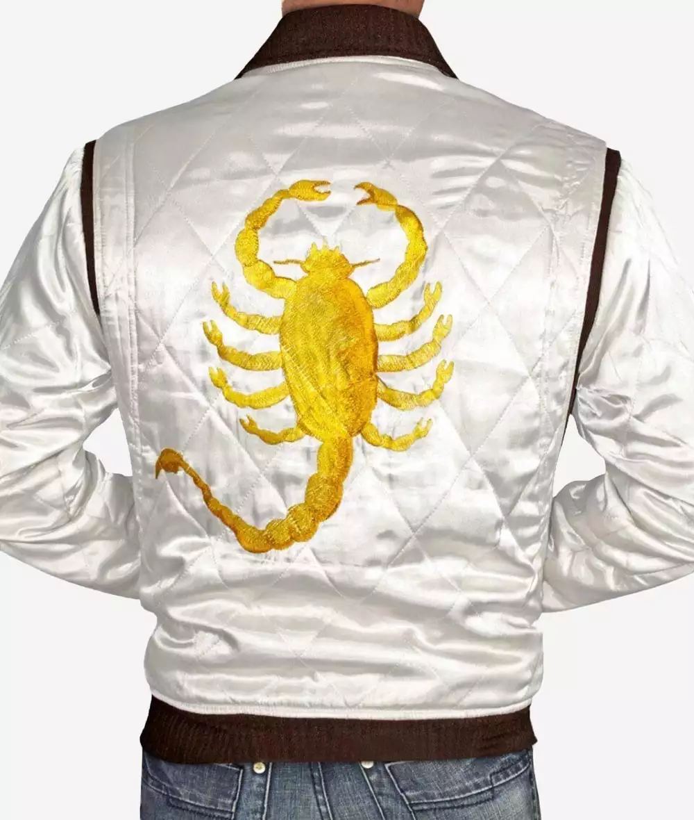 Men's White Quilted Bomber Jacket with Scorpion Logo