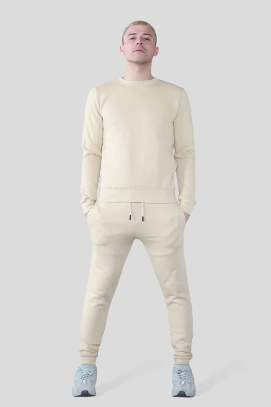 Mens Beige Fleece Basic Crew Neck Tracksuit