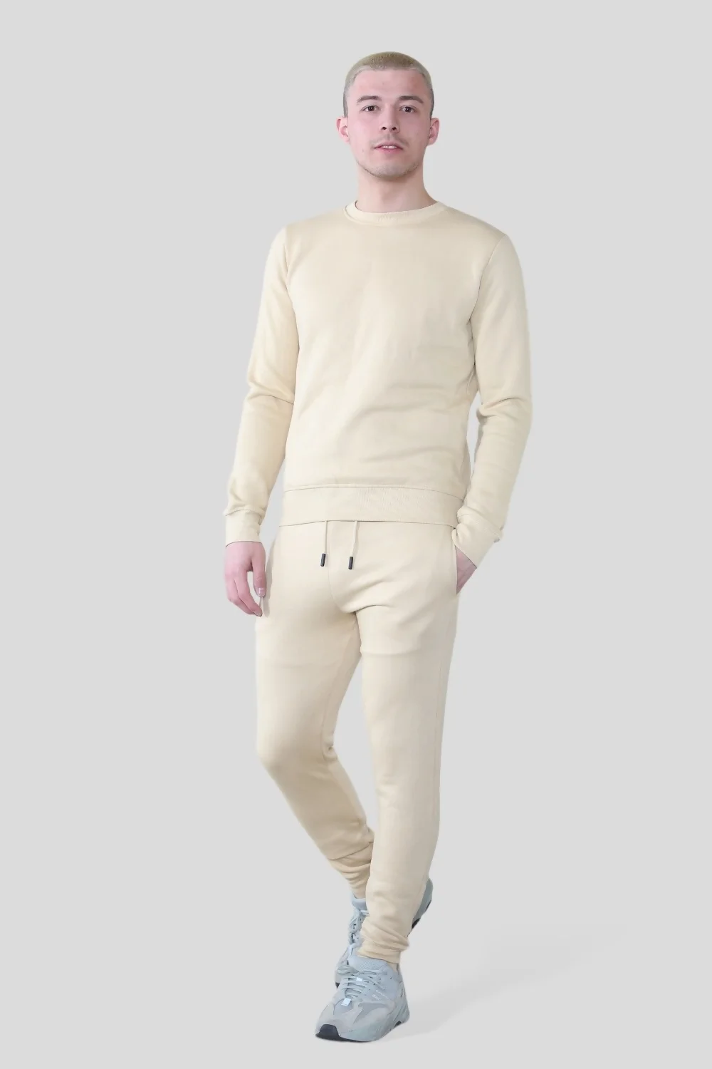 Mens Beige Fleece Basic Crew Neck Tracksuit