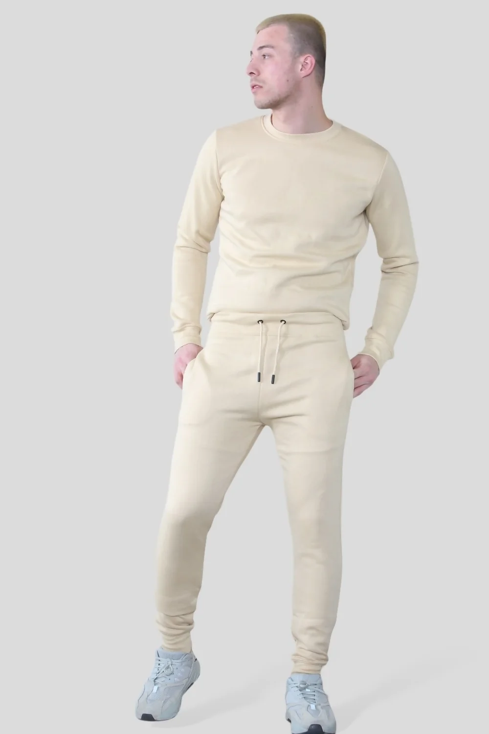 Mens Beige Fleece Basic Crew Neck Tracksuit