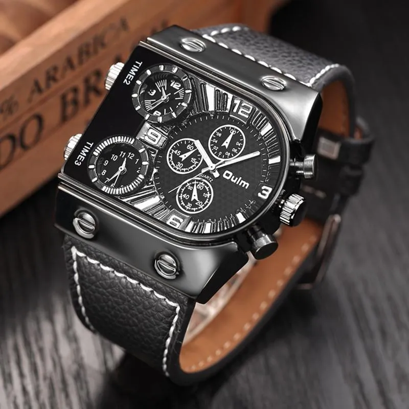 Men's Military Style Leather Strap Multi-Time Zone Quartz Wristwatches