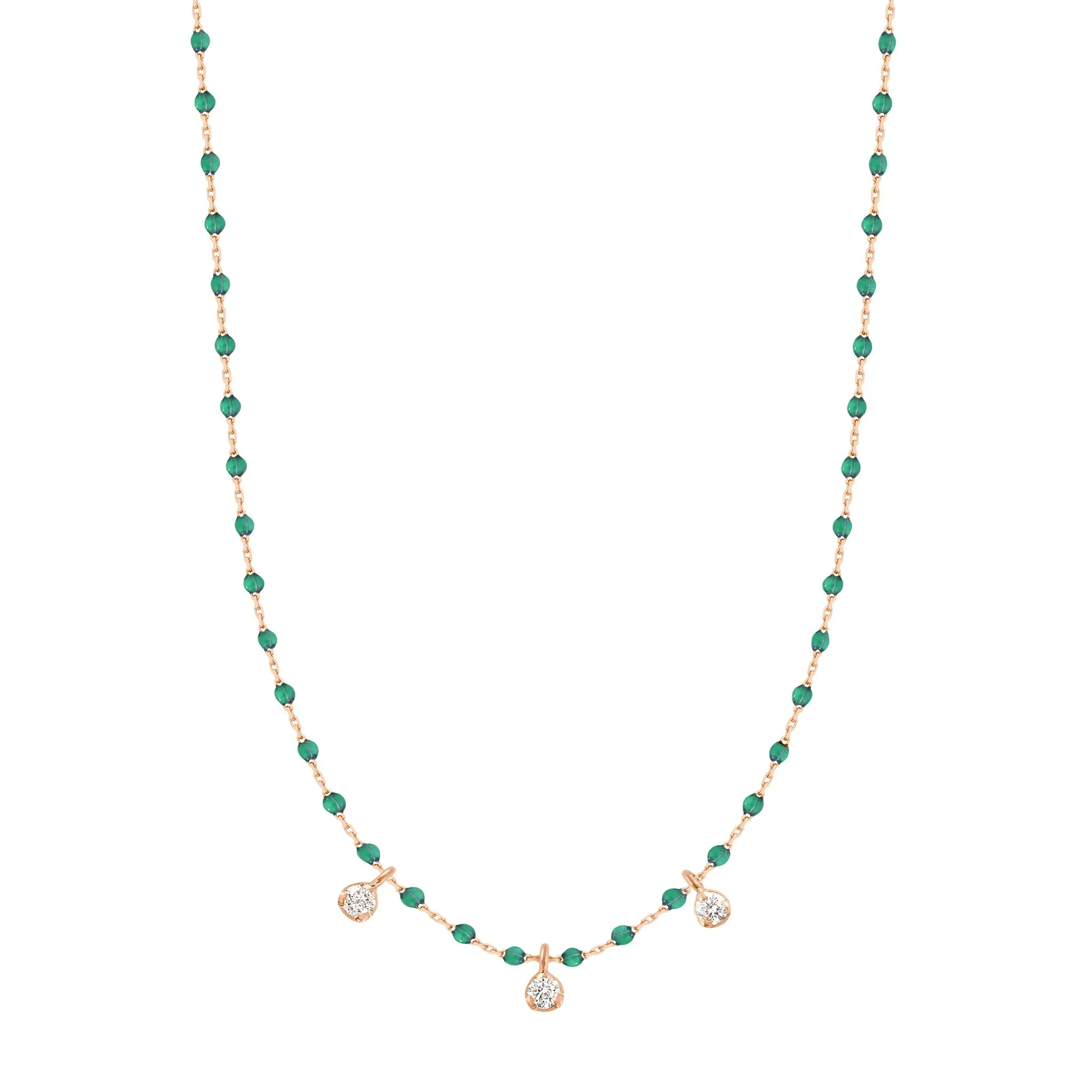 Mini Gigi Emerald necklace, Rose Gold 3 diamond, 16.5