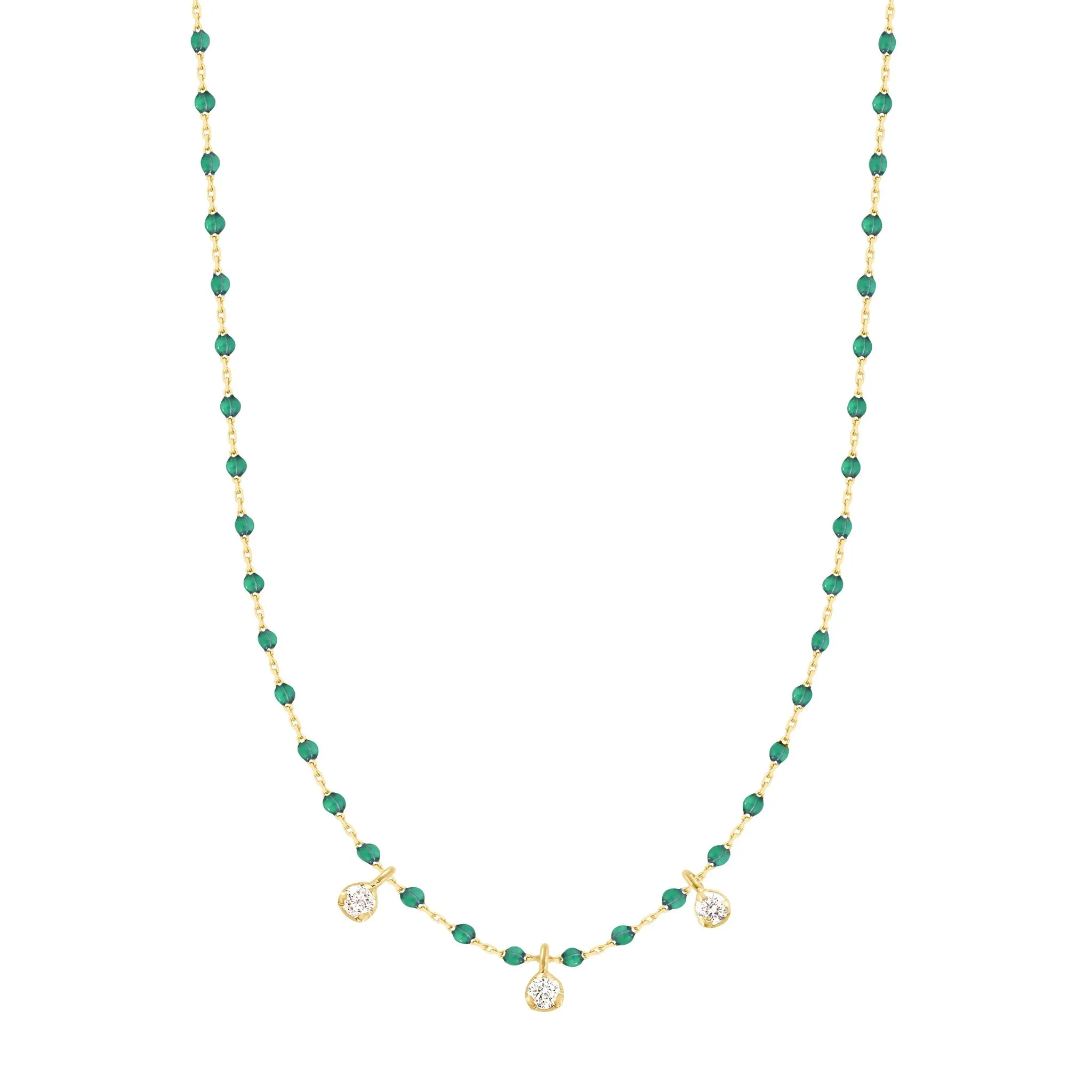 Mini Gigi Emerald necklace, Yellow Gold 3 diamond, 16.5