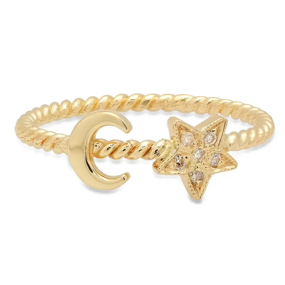 Mini Half Moon & Star Twisted Diamond Ring