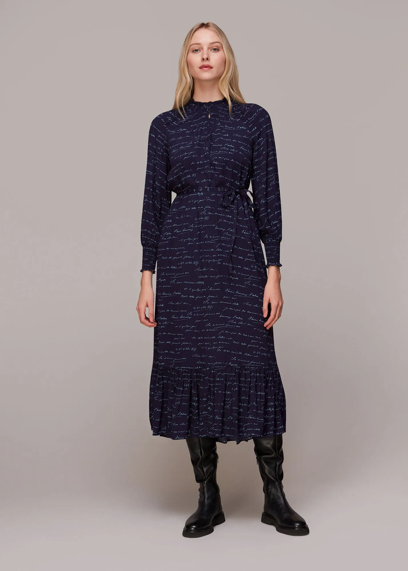 Navy French Handwriting Midi Dress