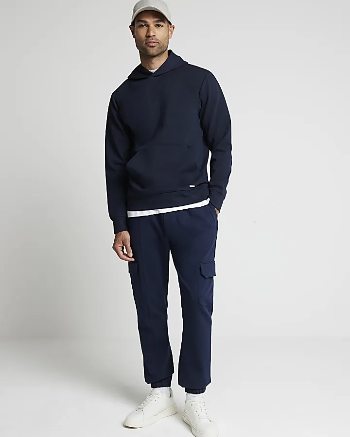 Navy slim fit textured smart hoodie