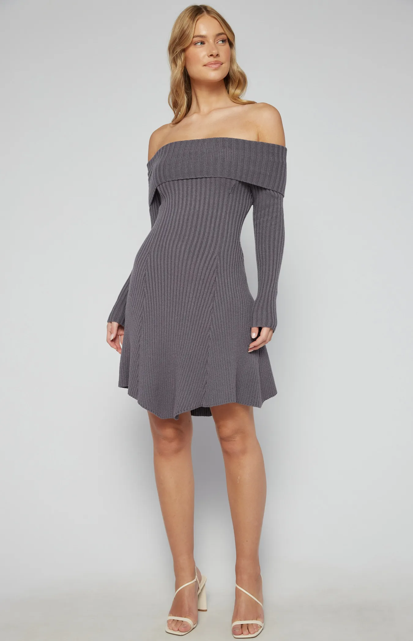 Off Shoulder A-Line Knit Dress with Panel Details (SKN815)