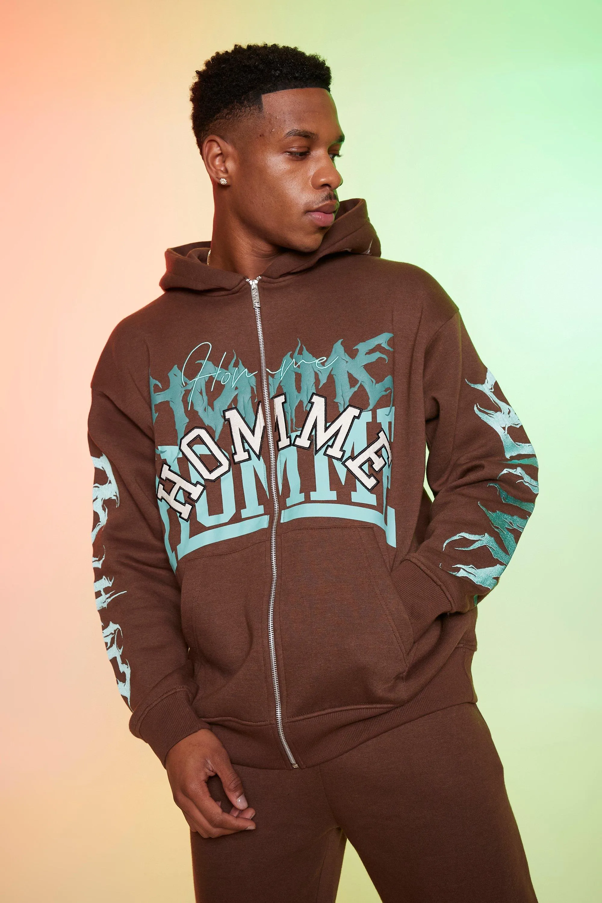 Oversized Homme Graphic Zip Through Hoodie | boohooMAN UK