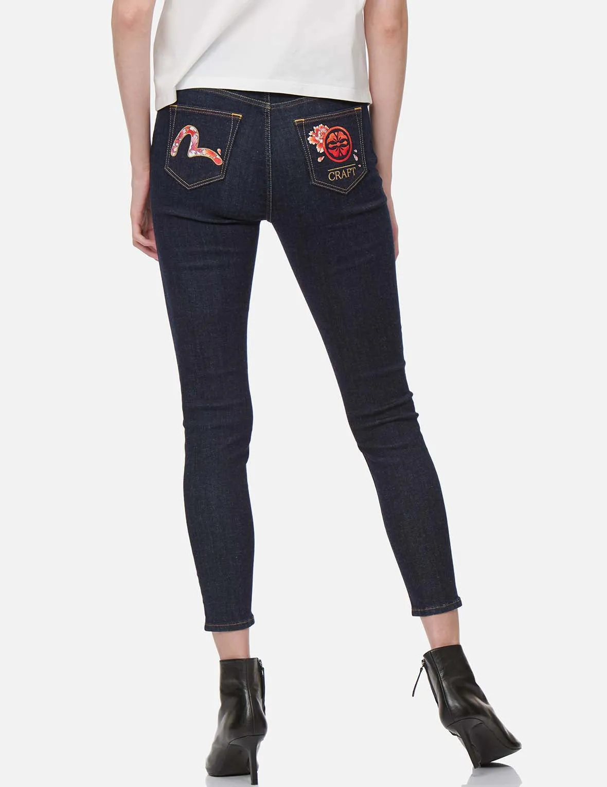 Peony-pattern Seagull and Kamon Embroidery Skinny Jeans