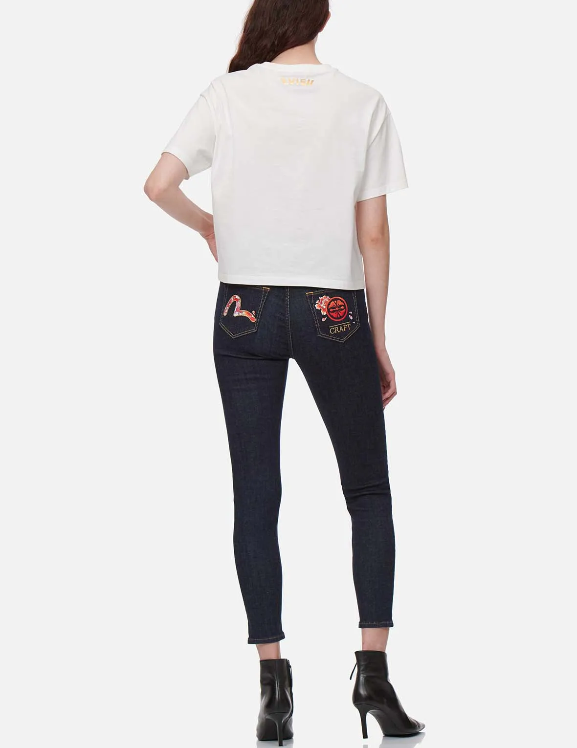 Peony-pattern Seagull and Kamon Embroidery Skinny Jeans