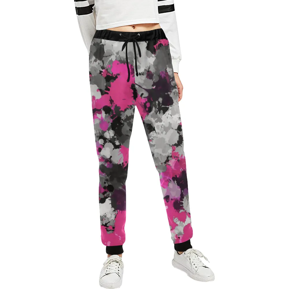 Pink and Grey Paint Splatter Women's All Over Print Jogger Sweatpants