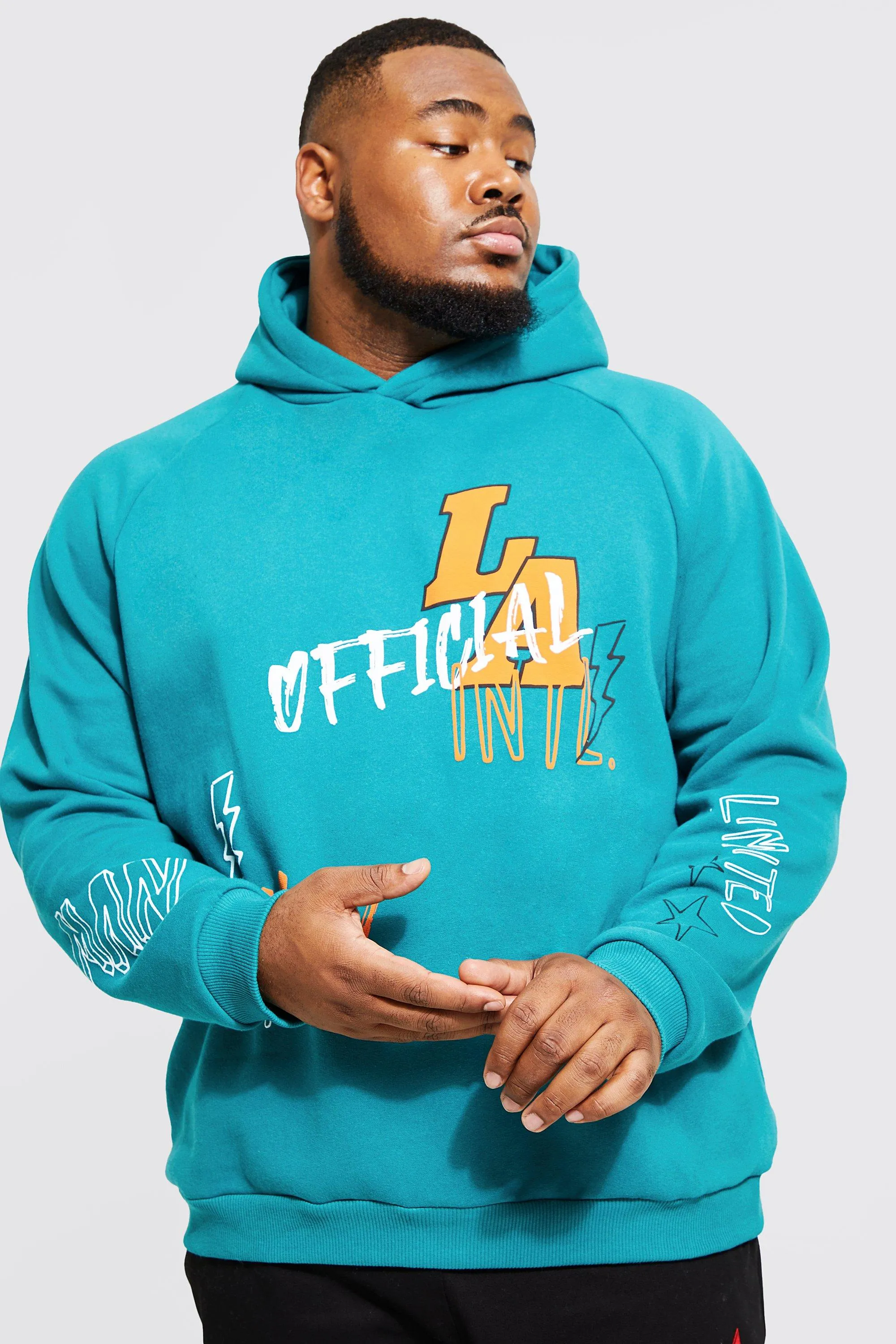 Plus Graffiti Varsity Puff Print Hoodie | boohooMAN UK