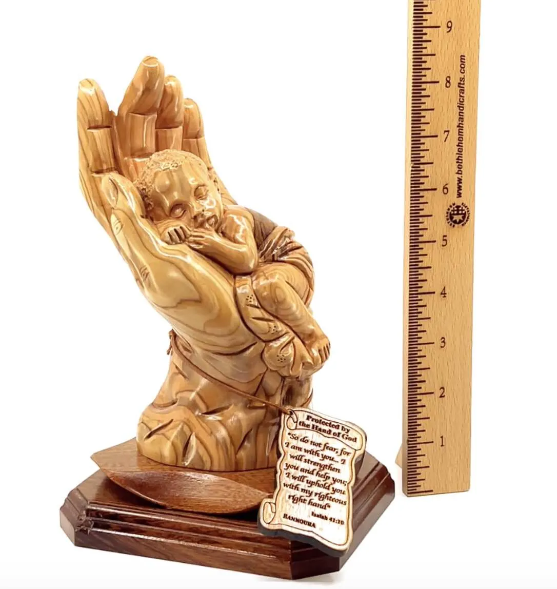 “Protected by the Hand of God” Sculpture 8.5 Tall, Made from Holy Land Olive Wood