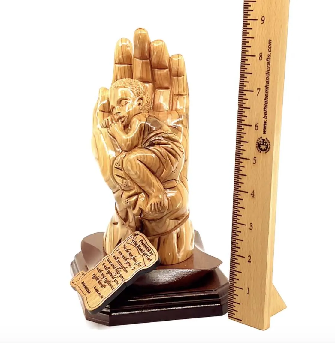 “Protected by the Hand of God” Sculpture 8.5 Tall, Made from Holy Land Olive Wood