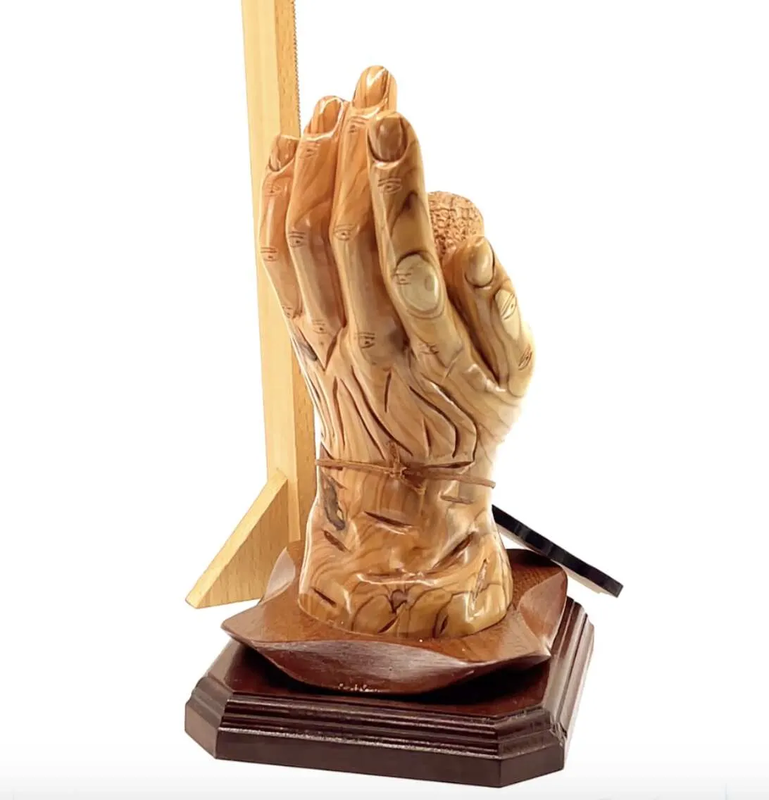 “Protected by the Hand of God” Sculpture 8.5 Tall, Made from Holy Land Olive Wood