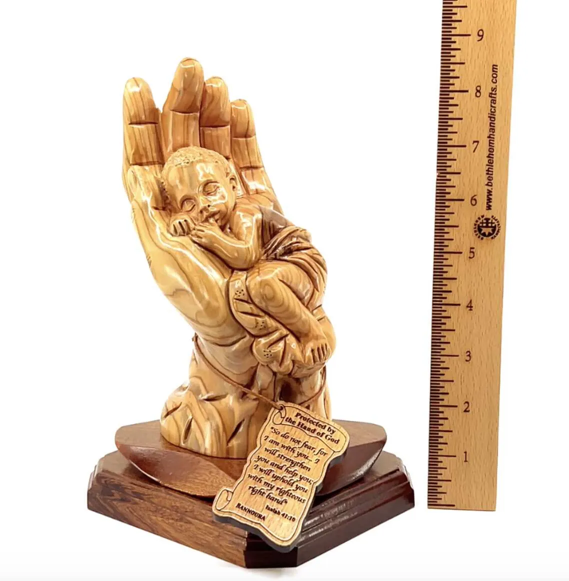 “Protected by the Hand of God” Sculpture 8.5 Tall, Made from Holy Land Olive Wood