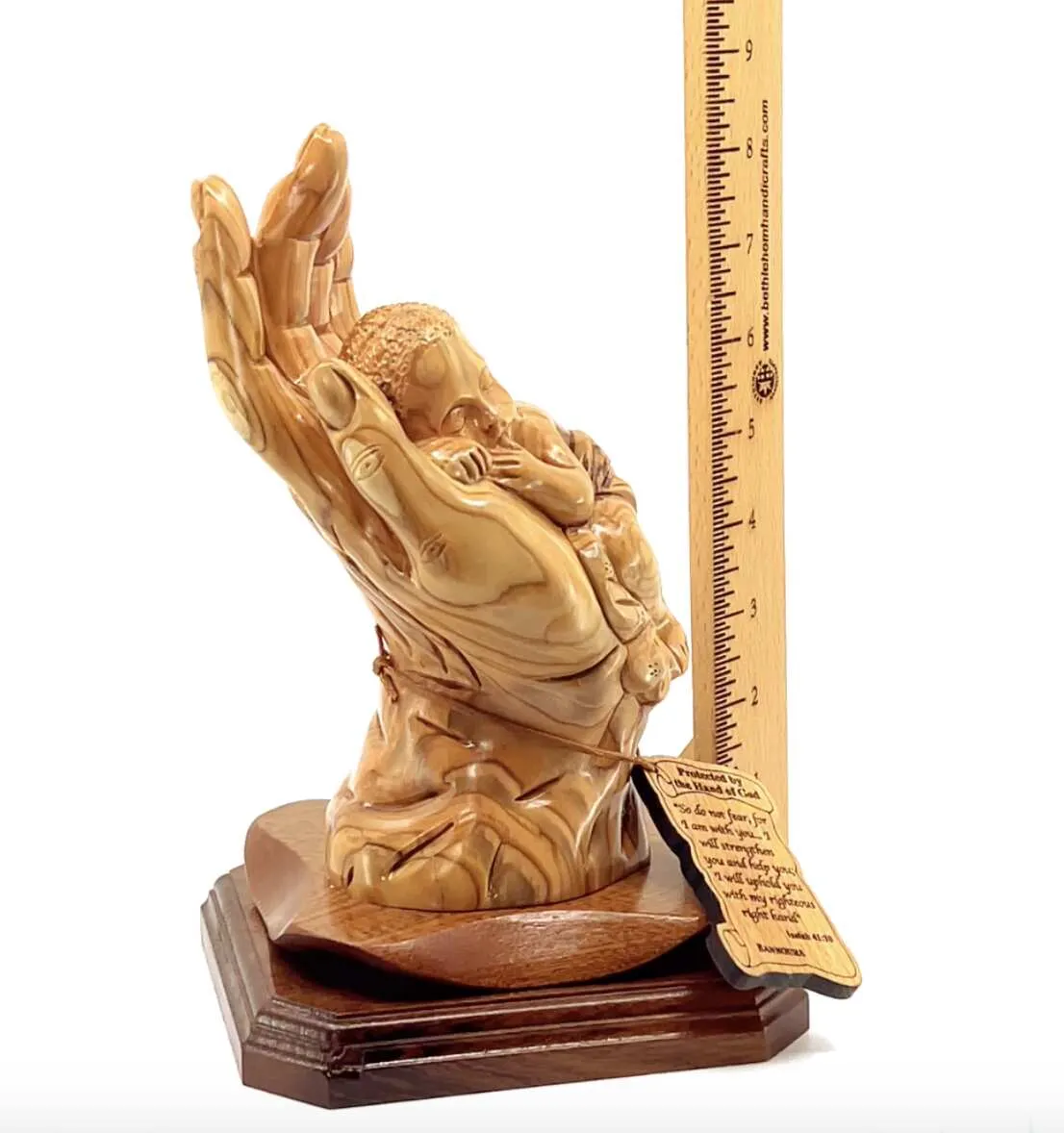 “Protected by the Hand of God” Sculpture 8.5 Tall, Made from Holy Land Olive Wood