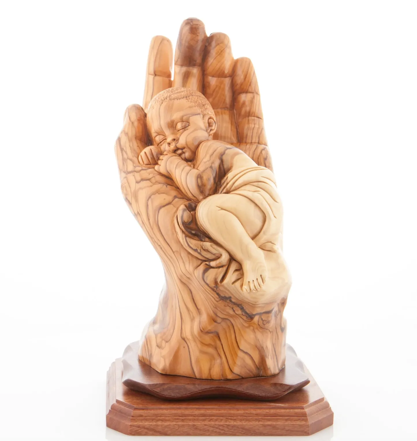 “Protected by the Hand of God” Sculpture 8.5 Tall, Made from Holy Land Olive Wood