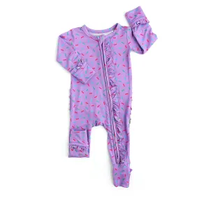 Purple Sprinkles Ruffled Zip Footie