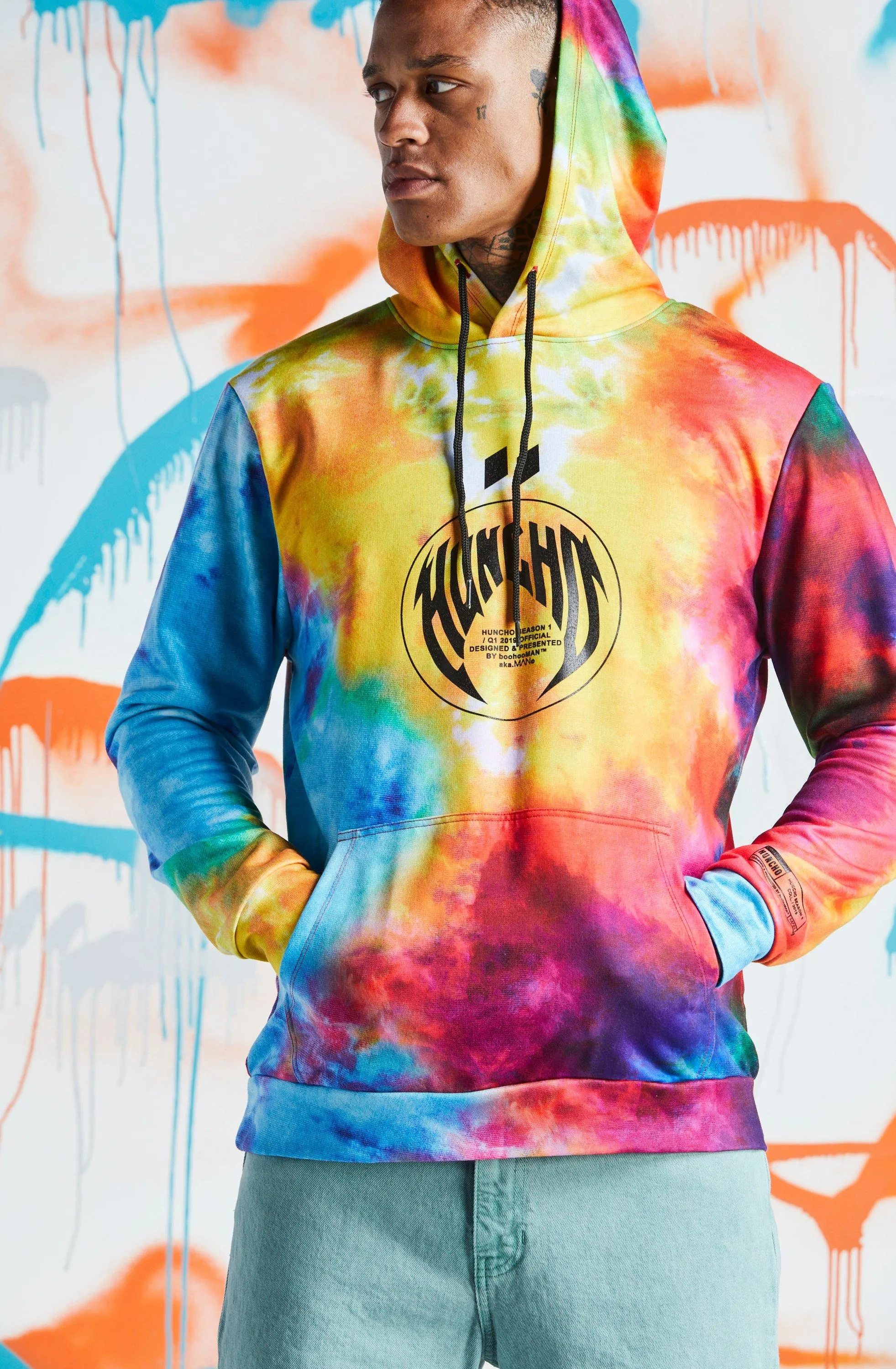 Quavo Rainbow Tie Dye Hoodie With Print | boohooMAN UK