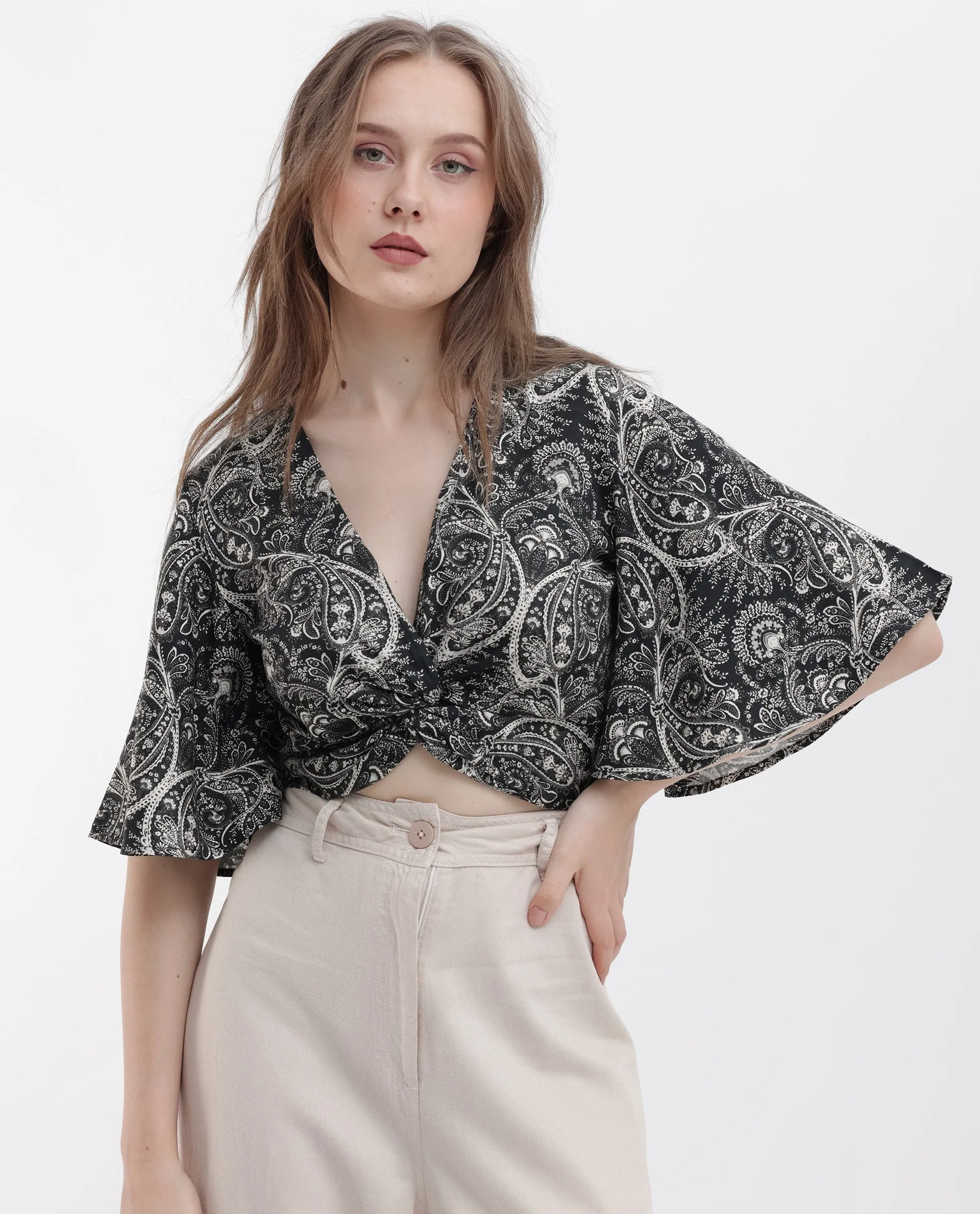 Rareism Women Clarence Black Cotton Modal Fabric Short Sleeves V-Neck Flared Sleeve Regular Fit Paisley Print Cropped Top