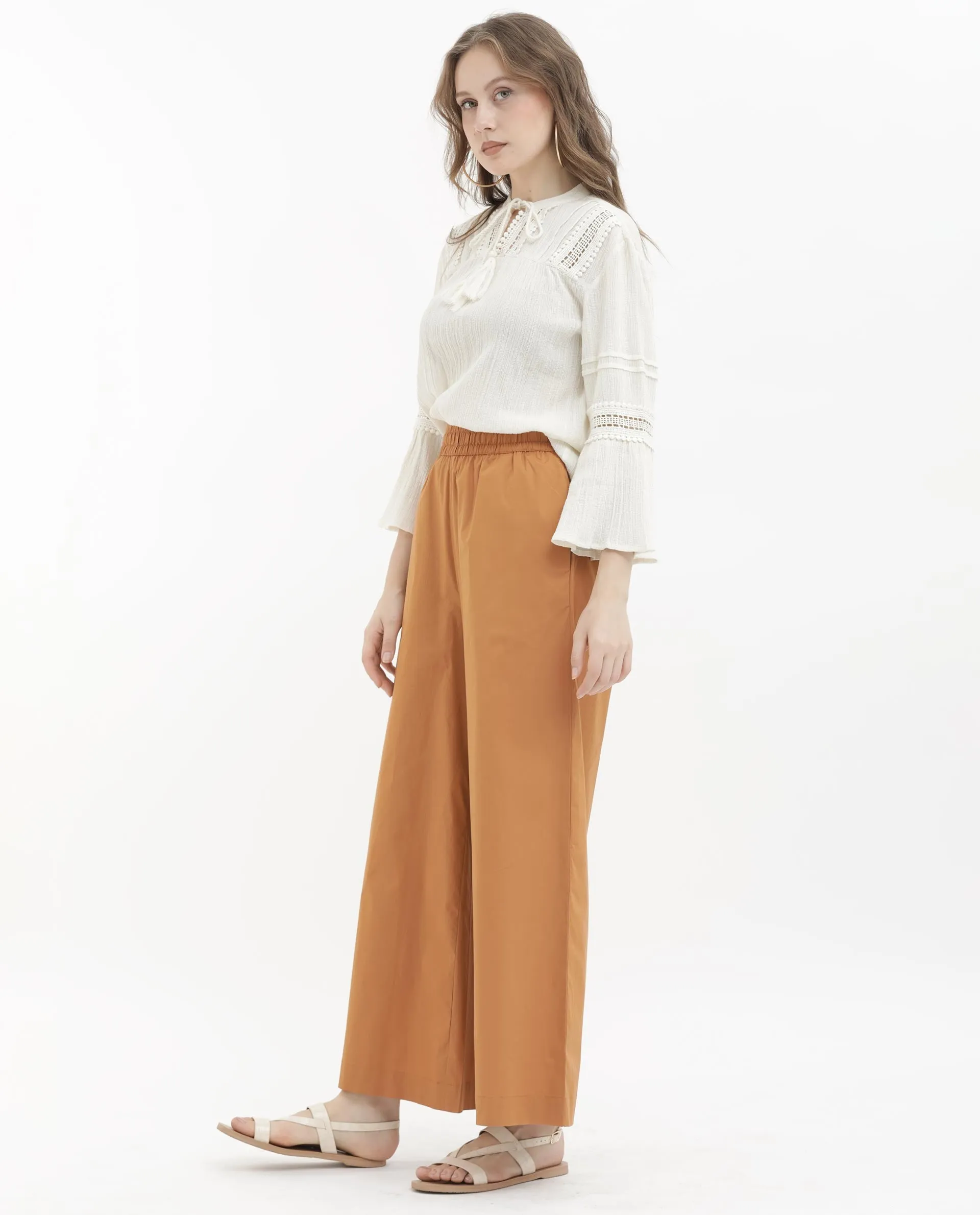 Rareism Women Kofu Light Brown Cotton Fabric Tie-Up Closure Flared Fit Plain Ankle Length Trousers