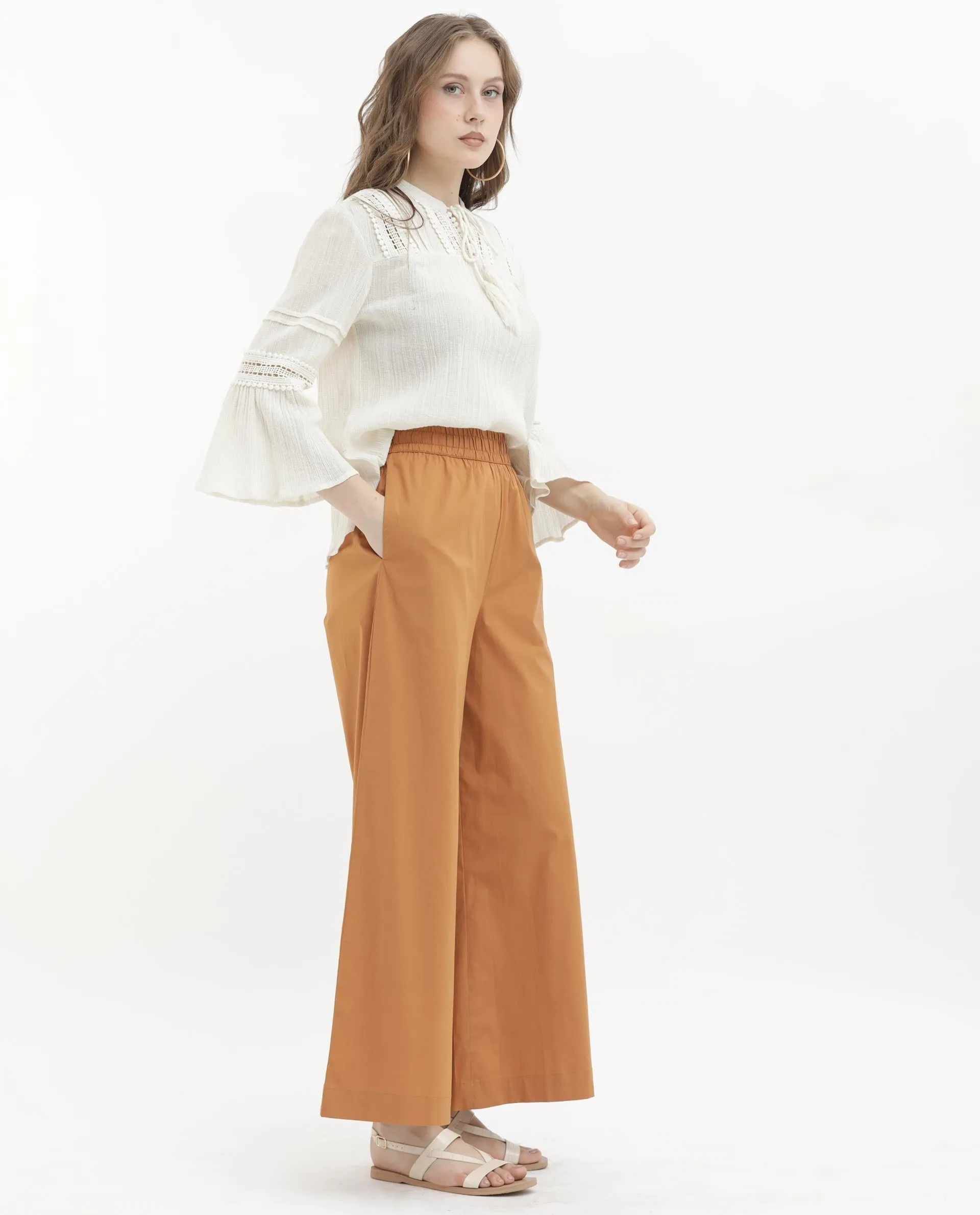 Rareism Women Kofu Light Brown Cotton Fabric Tie-Up Closure Flared Fit Plain Ankle Length Trousers