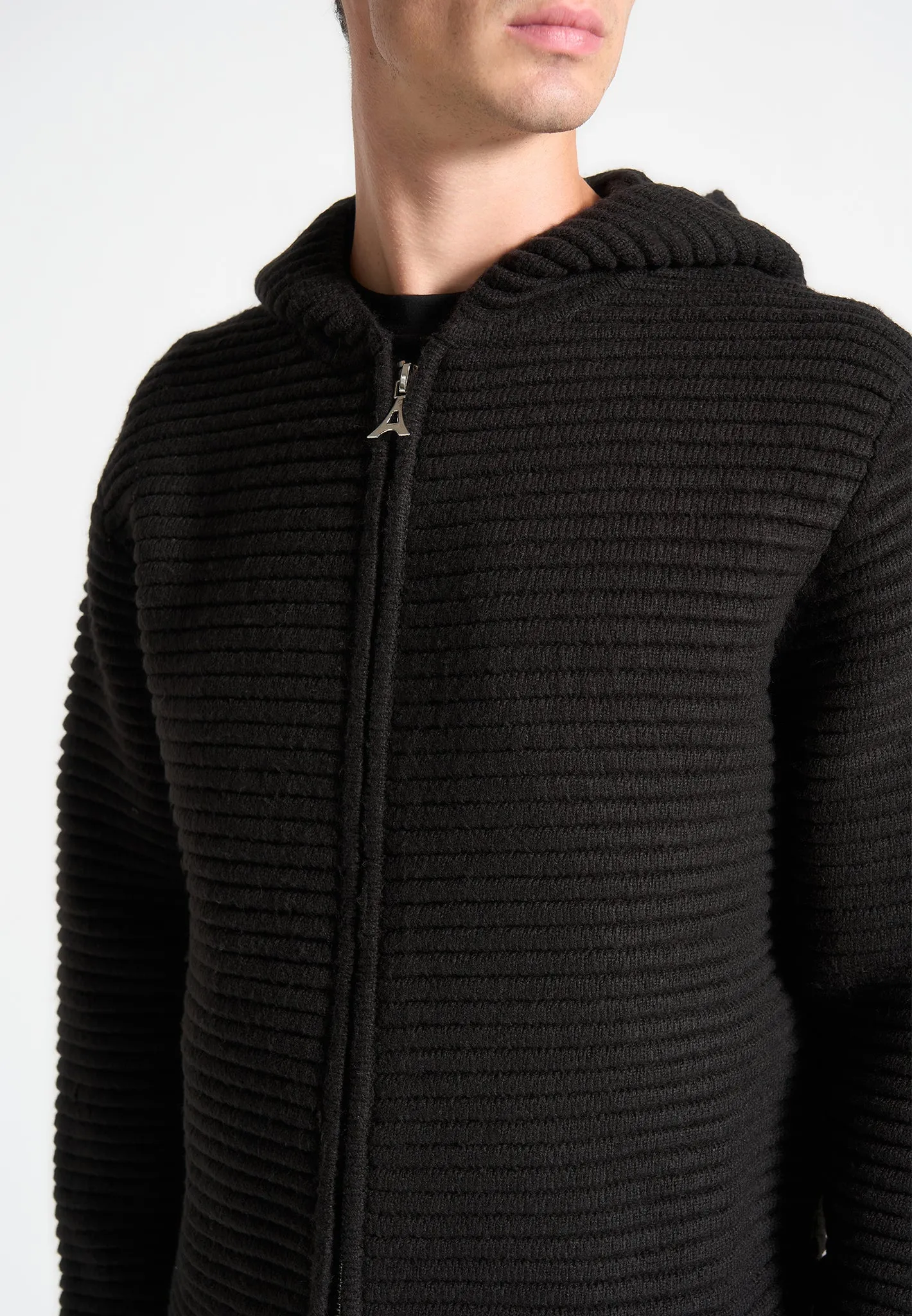 Ribbed Knit Zip Up Hoodie - Black