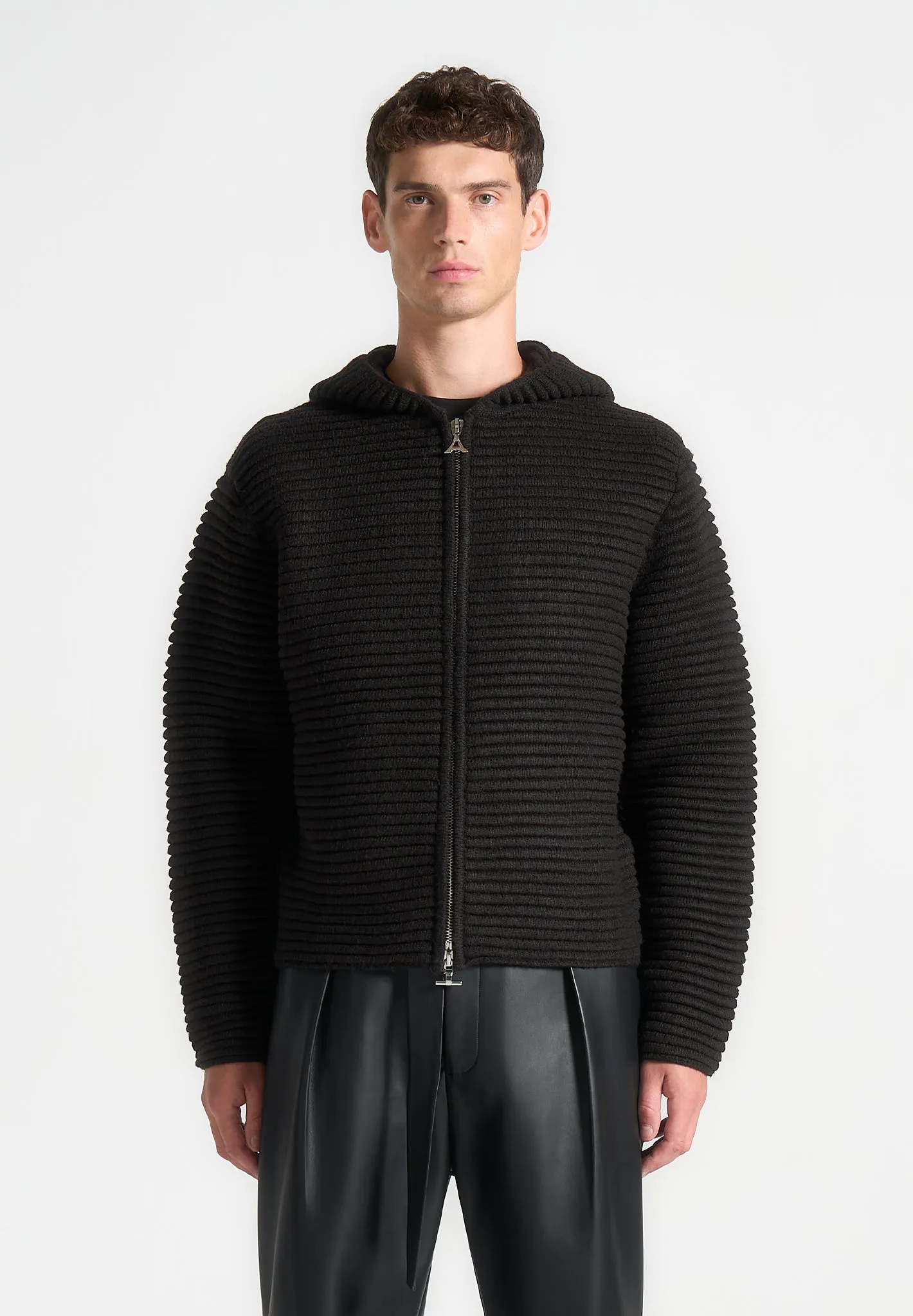 Ribbed Knit Zip Up Hoodie - Black