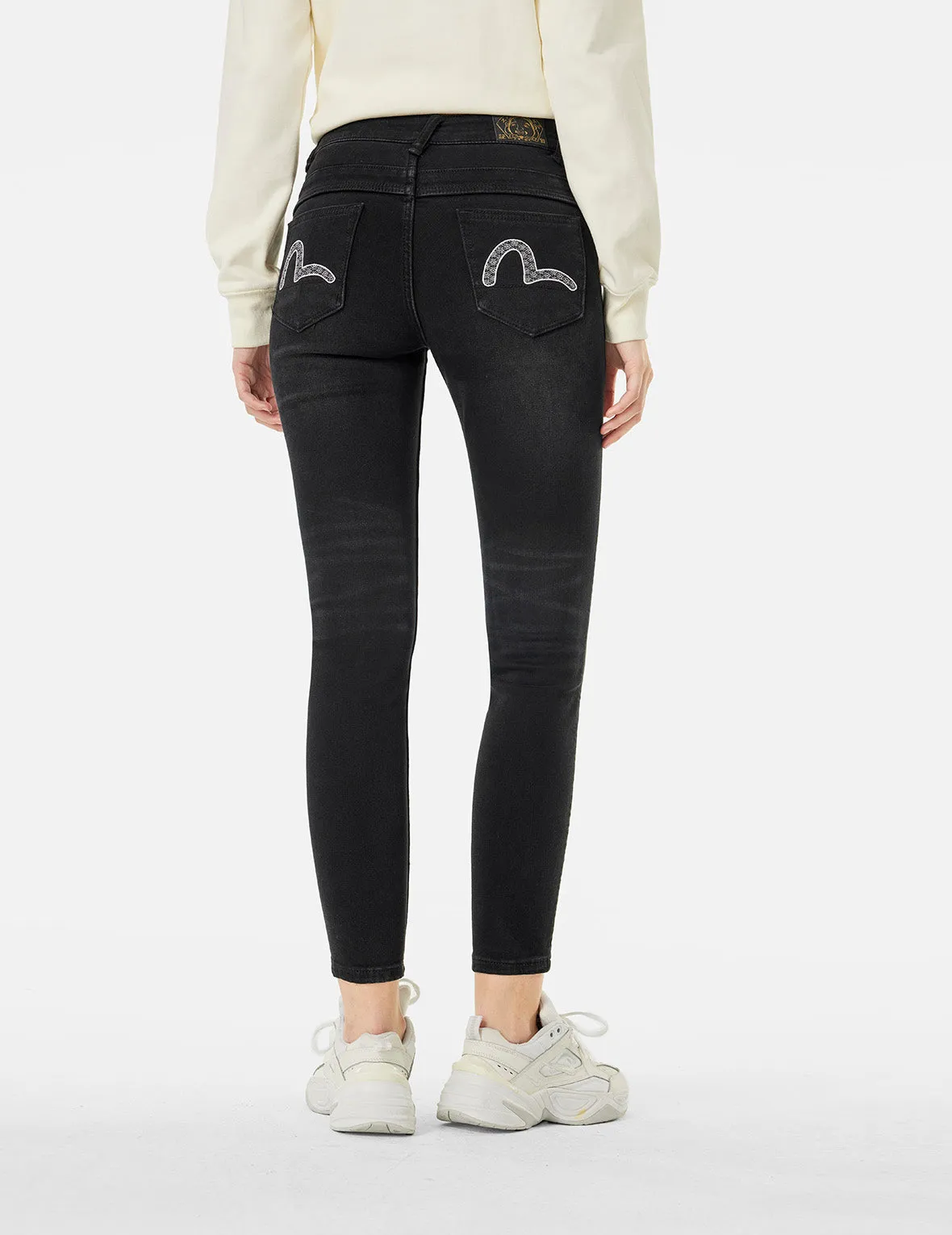 Seagull Embroidery High-Waist Skinny Jeans