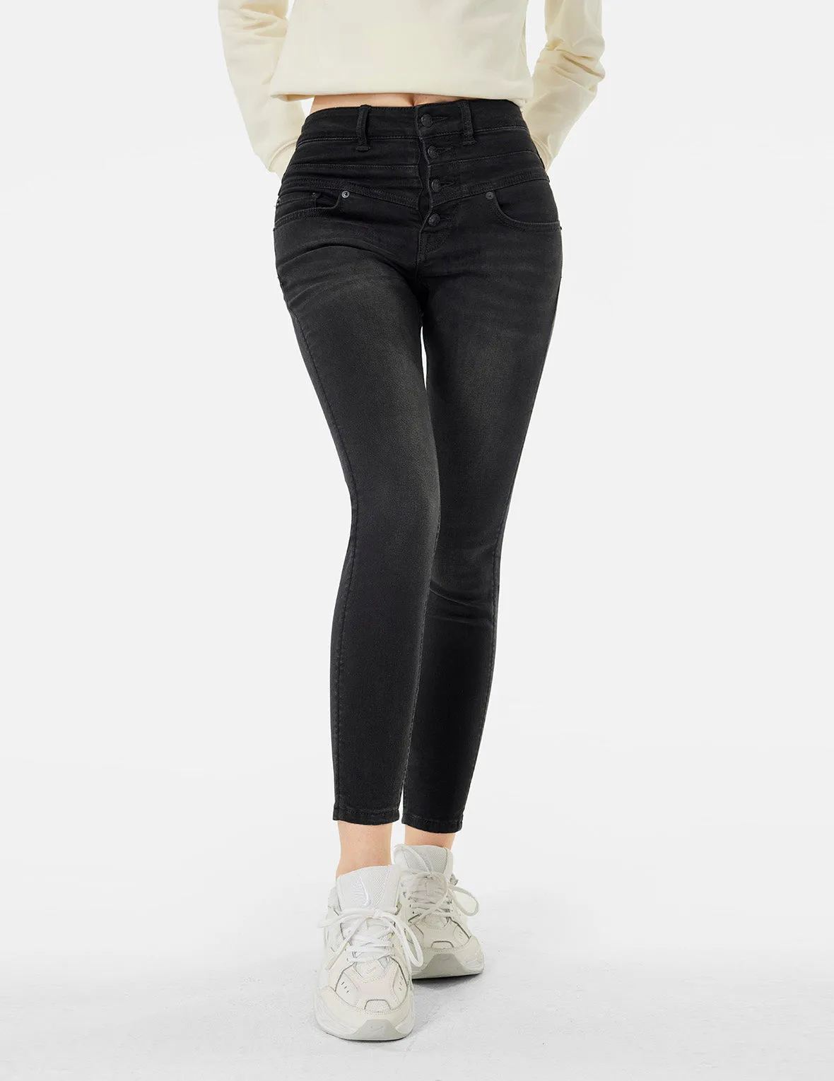 Seagull Embroidery High-Waist Skinny Jeans