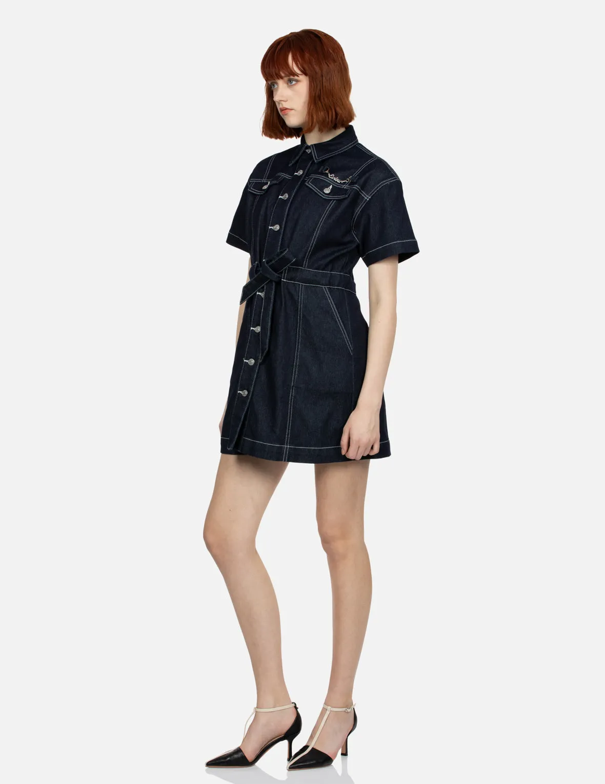 Seagull Embroidery Loose Fit Denim Shirt Dress