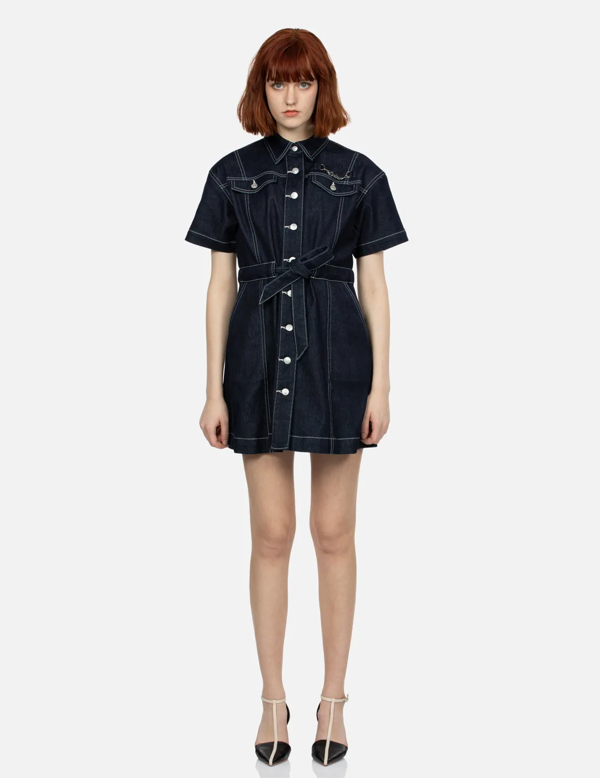 Seagull Embroidery Loose Fit Denim Shirt Dress