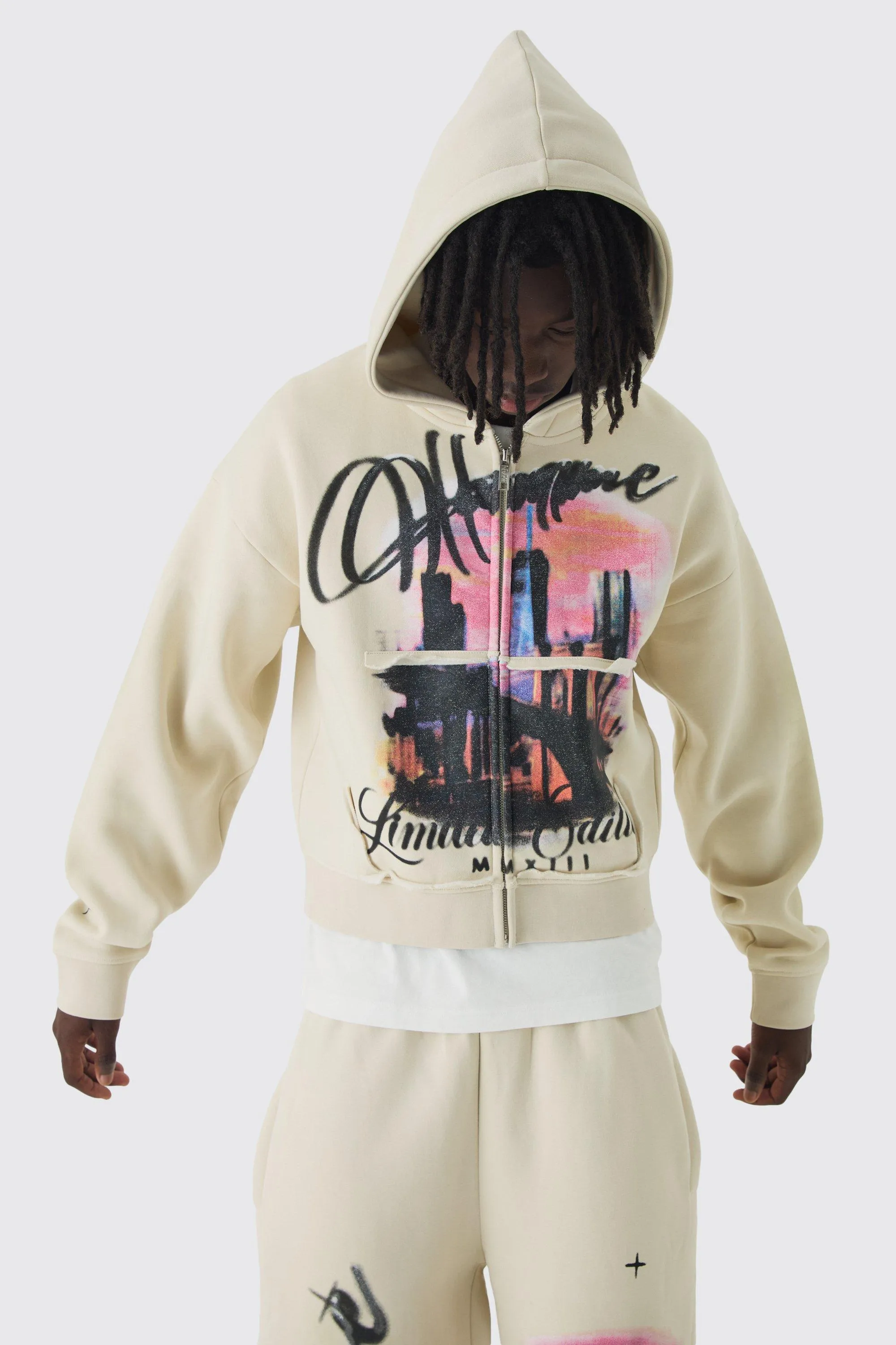 Shrunken Distressed Graphic Zip Through Brushback Hoodie