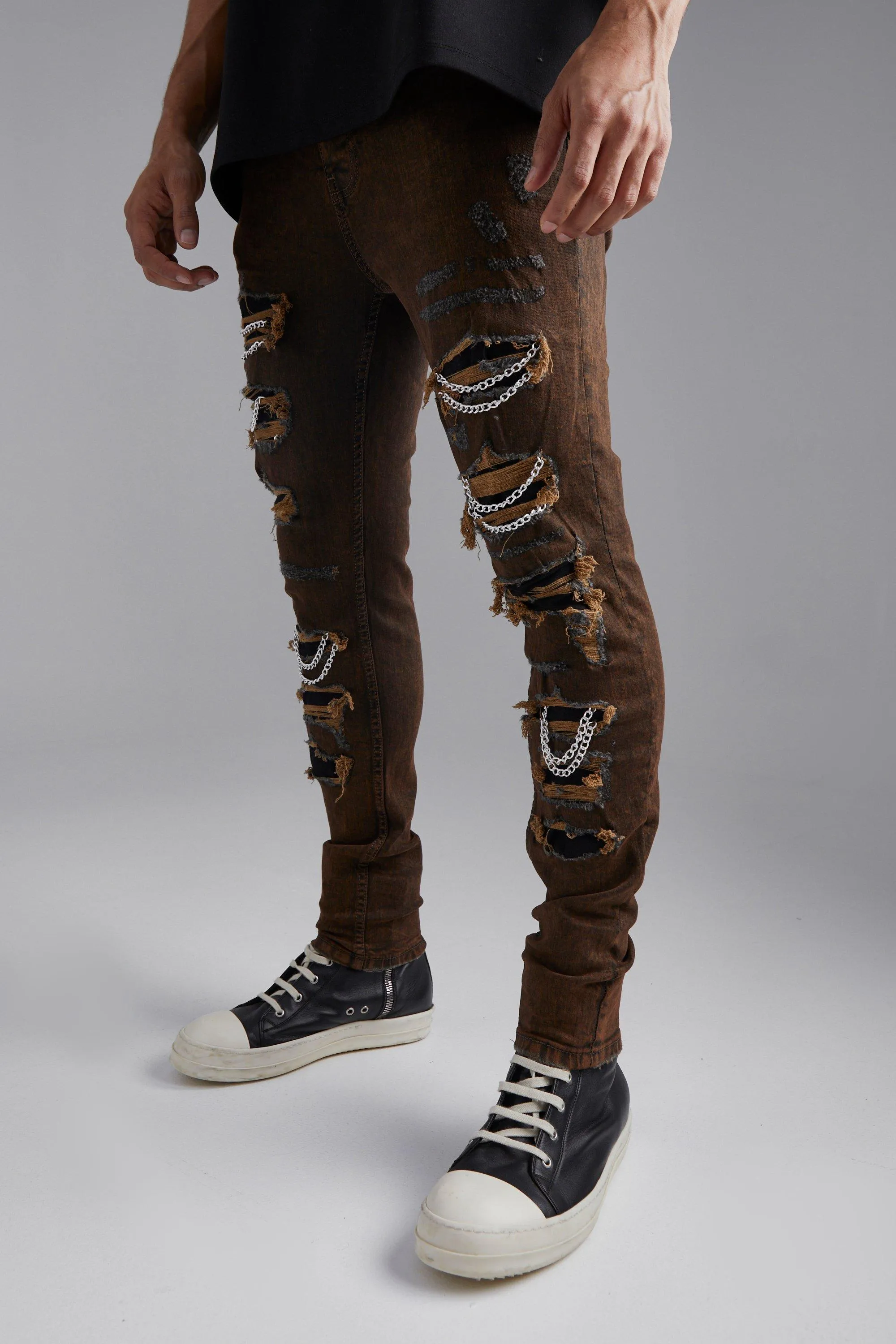 Skinny Fit Rip & Repair Chain Detail Jeans