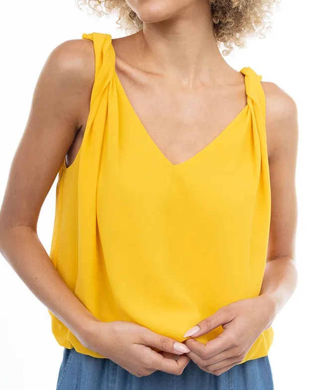 Sleeveless Bubble Top with Twisted Shoulder Detail - Sunflower